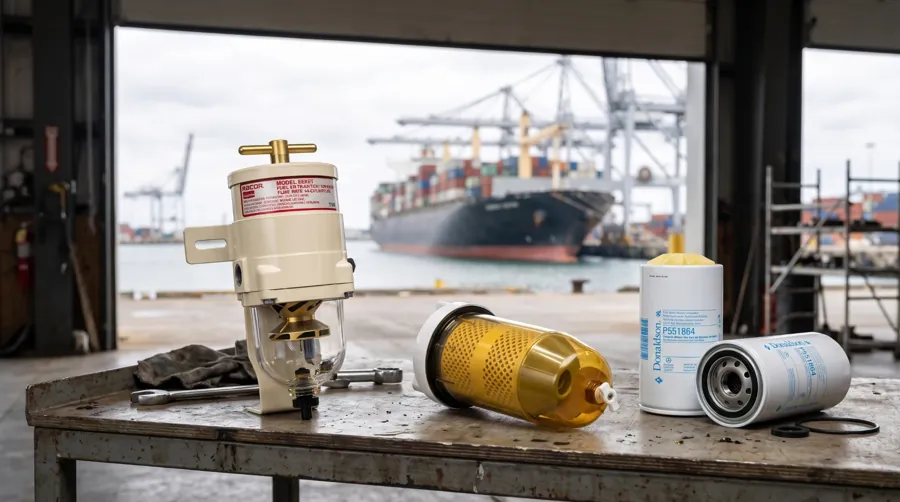 Separador de combustible y filtros Donaldson en un muelle, con un barco de carga